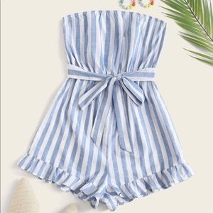 Blue and white striped romper.